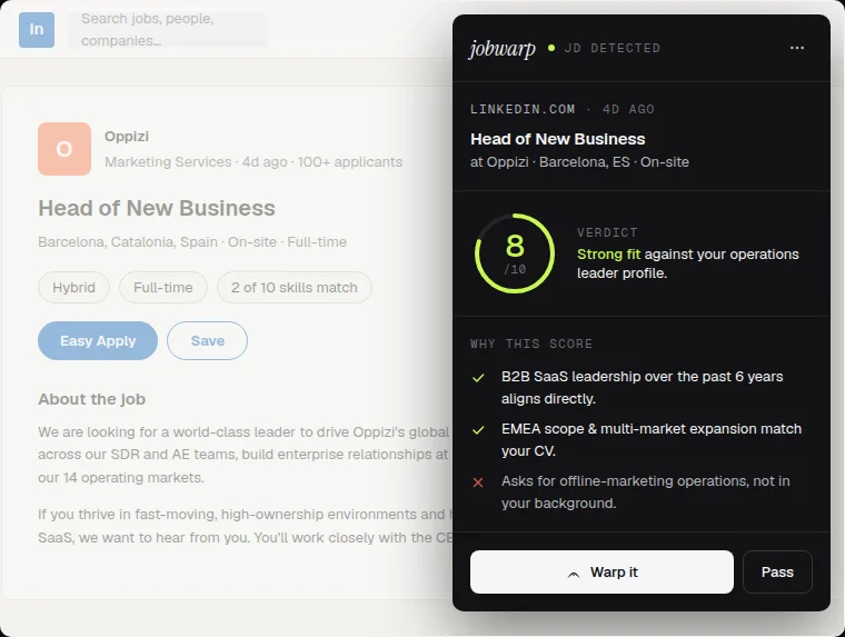 The JobWarp extension panel injected on a LinkedIn job posting, showing an 8 out of 10 strong fit score and the reasoning.