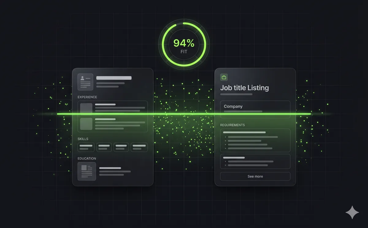 A CV and a job listing side by side with a green scan line and a 94% fit score above them.