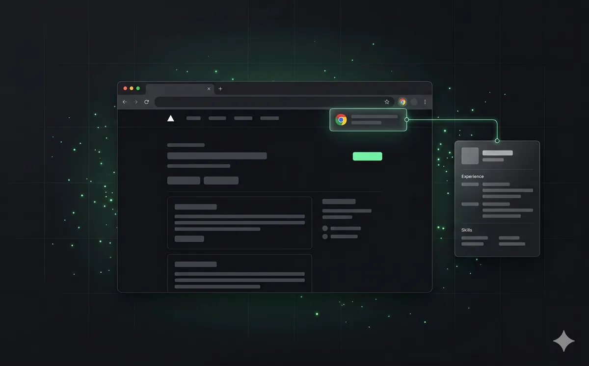 A browser with the JobWarp extension open, linked to an uploaded CV showing experience and skills.