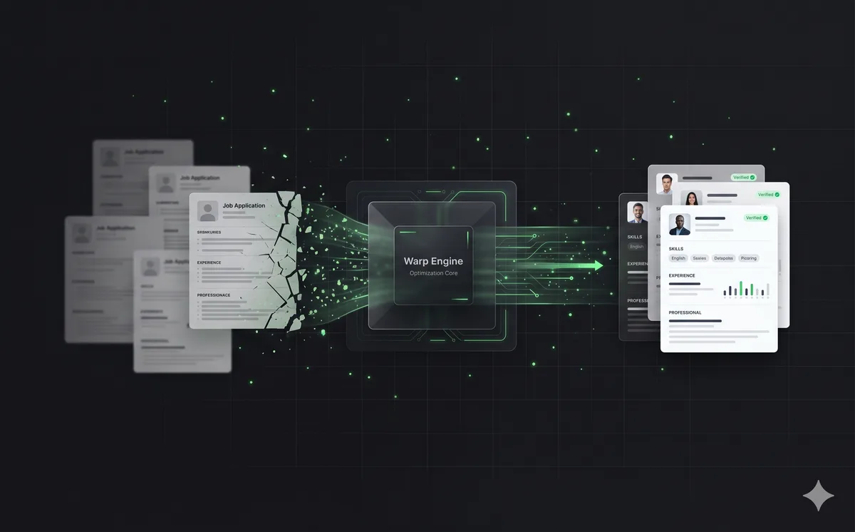 A stack of raw job applications pulled through a glowing Warp Engine into polished, tailored ones.